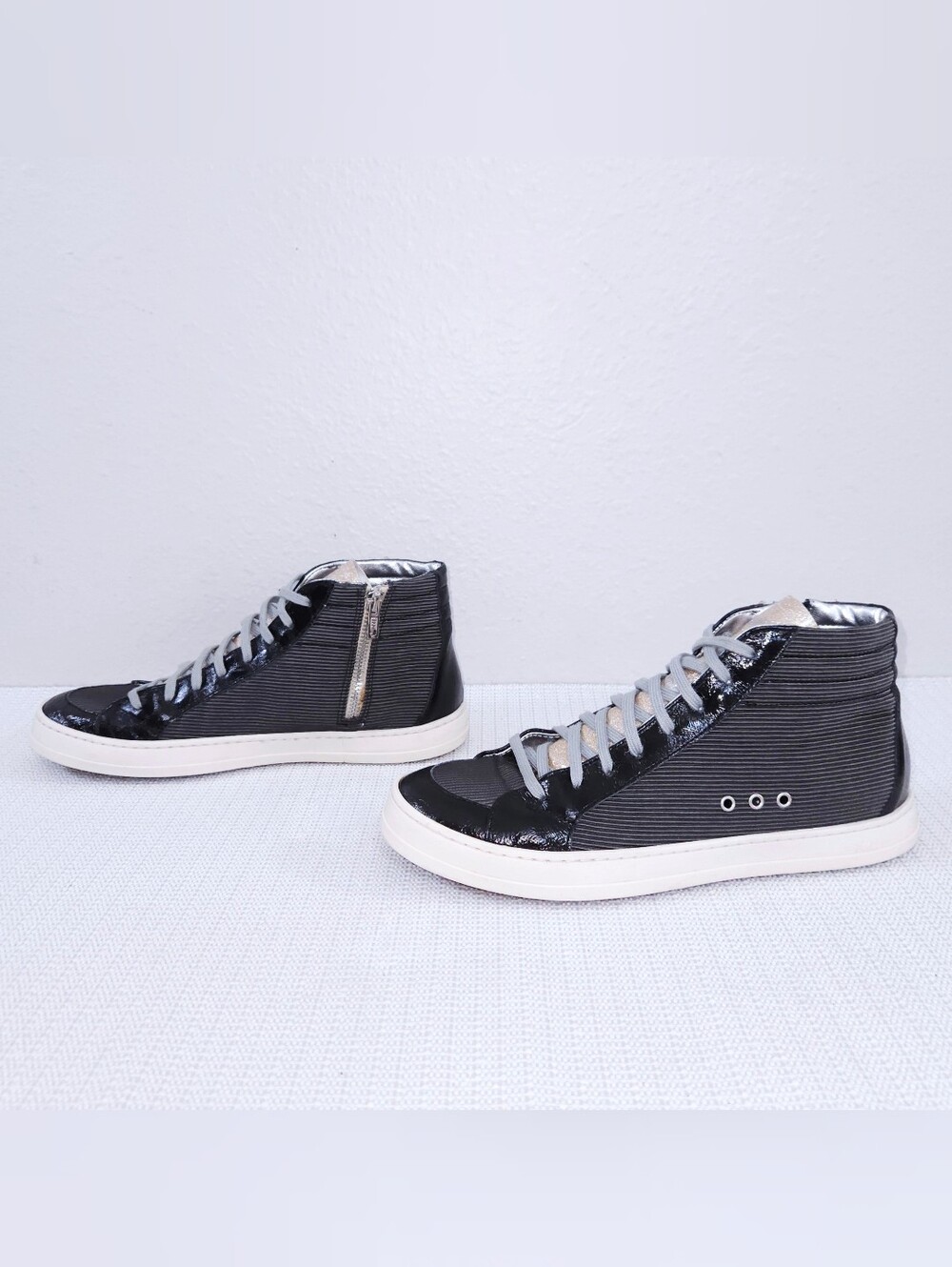 P448 Skate Motion Ribbed High Top Sneaker Black Patent Leather Gold Glitter Gray